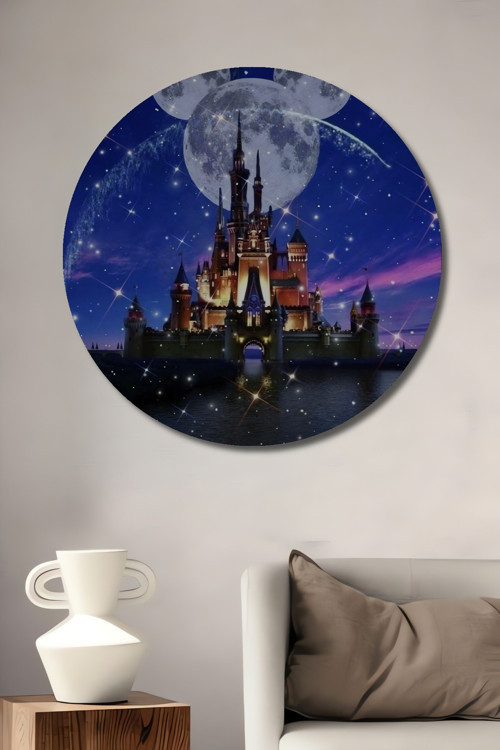 Disney Şatosu Gece Manzarası Ahşap Mdf Dekoratif Yuvarlak Ev,İşyeri Duvar Tablo