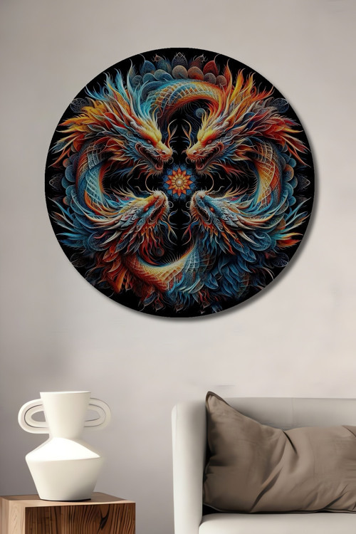 Ejderha Motifli Soyut Sanat Ahşap Mdf Dekoratif Yuvarlak Ev,İşyeri Duvar Tablo