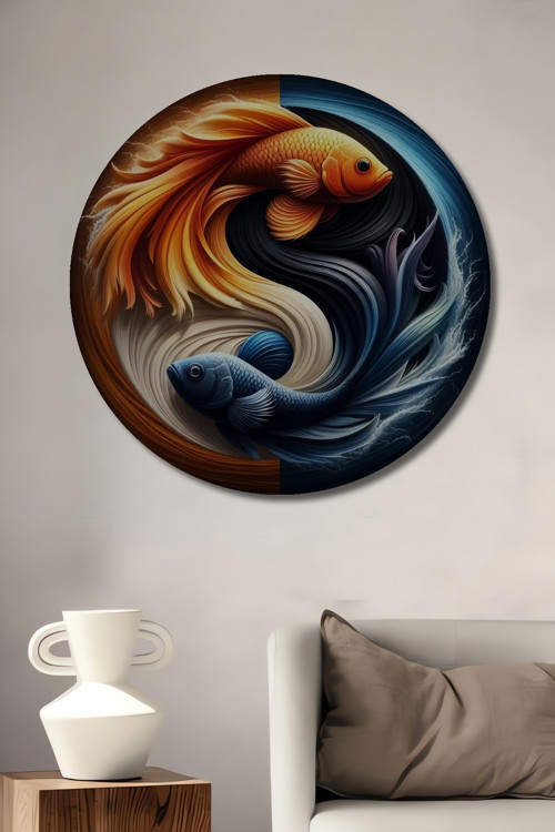 Yin Yang Balık Dekoratif Ahşap Mdf Yuvarlak Ev,İşyeri Duvar Tablo