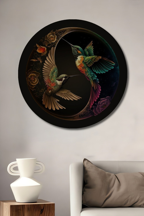 Hummingbird Çiçek Yağlı Boya Görünümlü Dekoratif Ahşap Yuvarlak Ev,İşyeri Duvar Tablo