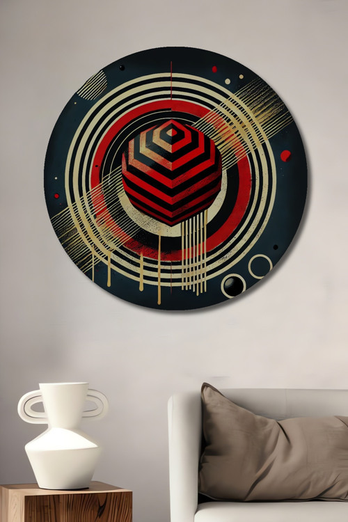 Geometrik Sanat Sulu Boya Görünümlü Dekoratif Ahşap Mdf Yuvarlak Ev,İşyeri Duvar Tablo