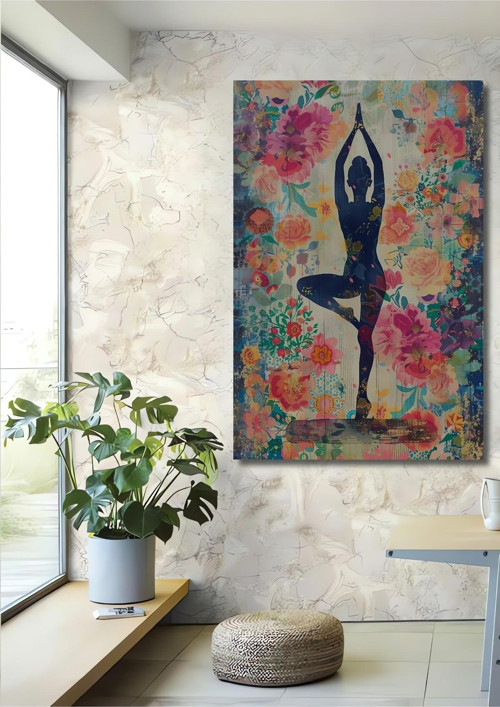 Yoga Pozu Çiçeklerle Ahşap Mdf Dekoratif Dikdörtgen Ev,İşyeri Duvar Tablo