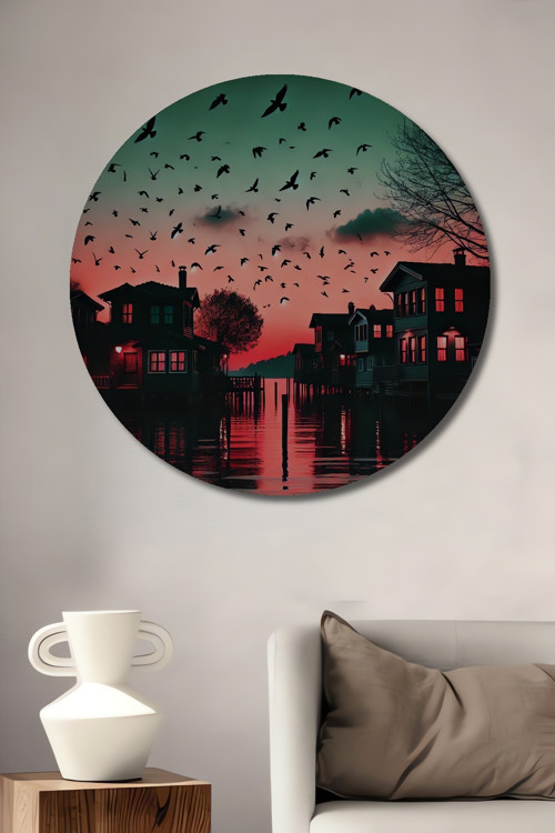 Gün Batımı Kuşları Ahşap Mdf Dekoratif Yuvarlak Ev,İşyeri Duvar Tablo