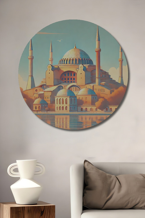 Ayasofya Camii Sanat Görünümlü Ahşap Mdf Dekoratif Yuvarlak Ev,İşyeri Duvar Tablo
