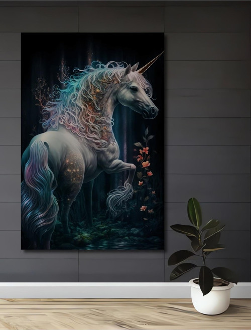 Büyülü Unicorn Yağlı Boya Görünümlü Dekoratif Ahşap Dikdörtgen Ev,İşyeri Duvar Tablo
