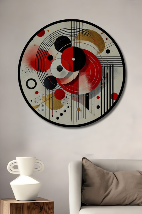 Geometrik Sanat Yağlı Boya Görünümlü Dekoratif Ahşap Yuvarlak Ev,İşyeri Duvar Tablo