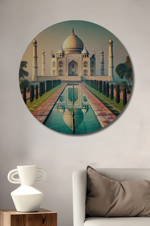 Taj Mahal Yağlı Boya Görünümlü Dekoratif Ahşap Mdf Yuvarlak Ev,İşyeri Duvar Tablo
