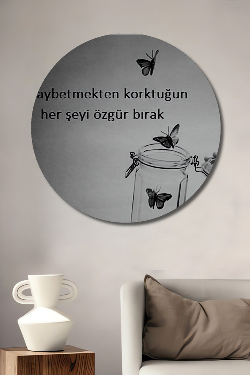 Özgür Kelebekler Dekoratif Ahşap Mdf Yuvarlak Ev,İşyeri Duvar Tablo