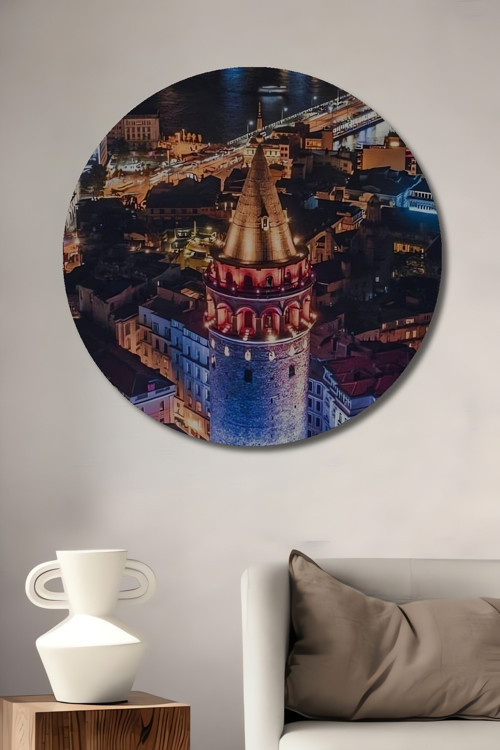 Galata Kulesi Gece Manzarası Ahşap Mdf Dekoratif Yuvarlak Ev,İşyeri Duvar Tablo