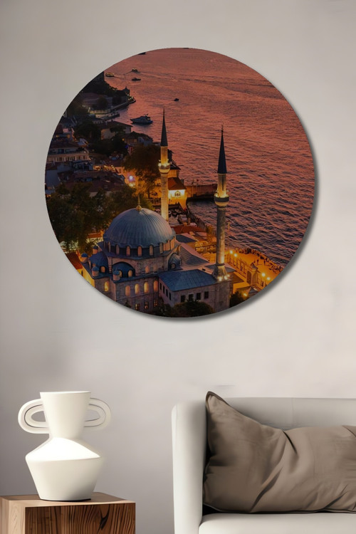 İstanbul Boğazında Gün Batımı Ahşap Mdf Yuvarlak Ev,İşyeri Duvar Tablo