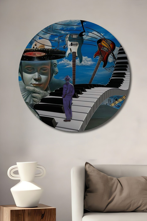 Müzikal Yolculuk Soyut Sanat Ahşap Mdf Dekoratif Yuvarlak Ev,İşyeri Duvar Tablo