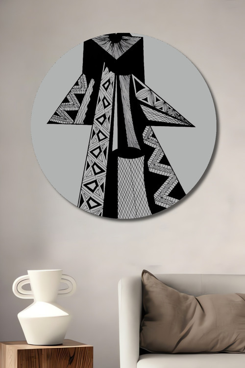 Modern Sanat Siyah Beyaz Geometrik Dekoratif Ahşap Mdf Yuvarlak Ev,İşyeri Duvar Tablo