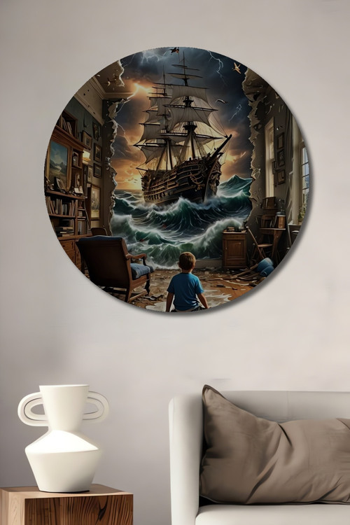 Fırtına Gemisi Modern Sanat Dekoratif Ahşap Mdf Yuvarlak Ev,İşyeri Duvar Tablo