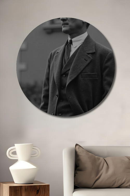 Atatürk Siyah Beyaz Dekoratif Ahşap Mdf Yuvarlak Ev,İşyeri Duvar Tablo