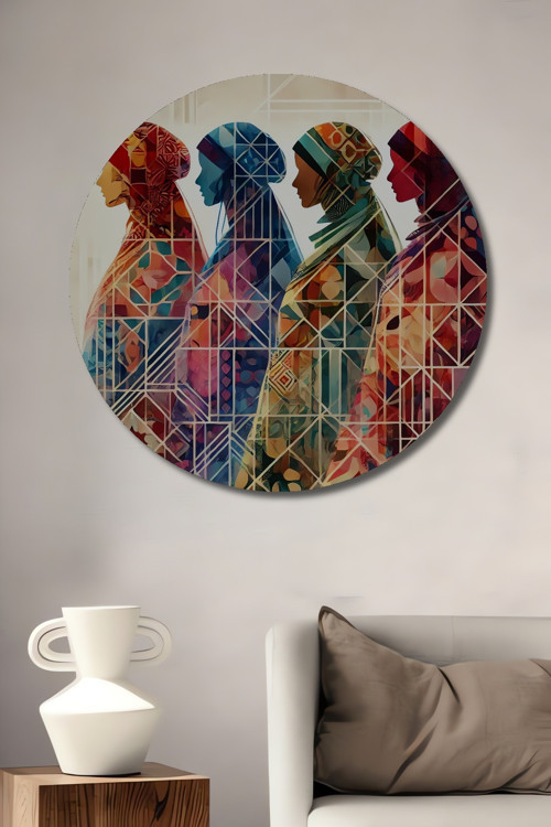 Renkli Kadınlar Geometrik Desenler Ahşap Mdf Dekoratif Yuvarlak Ev,İşyeri Duvar Tablo