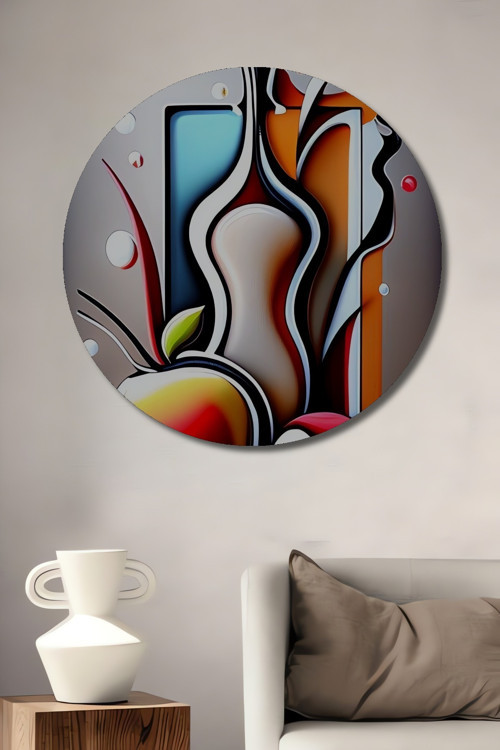Soyut Meyve Figürleri Siyah Beyaz Modern Sanat Dekoratif Ahşap Yuvarlak Ev,İşyeri Duvar Tablo