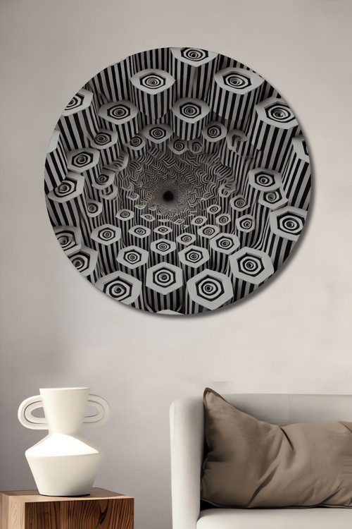 Optik İllüzyon Soyut Sanat Siyah Beyaz Ahşap Dekoratif Yuvarlak Ev,İşyeri Duvar Tablo