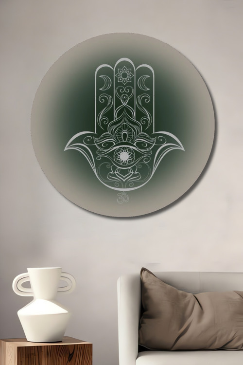 Hamsa Desenli Dekoratif Ahşap Mdf Yuvarlak Ev,İşyeri Duvar Tablo