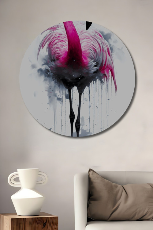 Pembe Flamingo Sulu Boya Görünümlü Dekoratif Ahşap Mdf Yuvarlak Ev,İşyeri Duvar Tablo