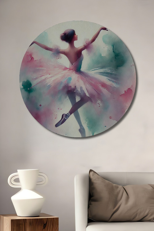 Pastel Balerin Sulu Boya Görünümlü Dekoratif Ahşap Mdf Yuvarlak Ev,İşyeri Duvar Tablo