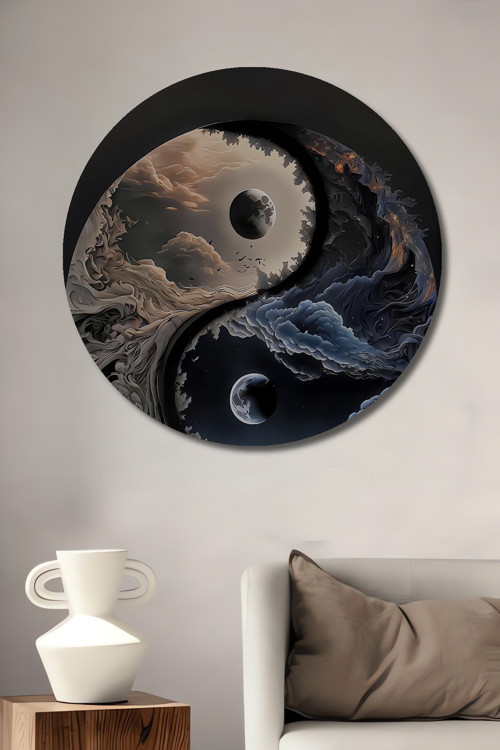 Yin Yang Evren Tasvirli Dekoratif Ahşap Mdf Yuvarlak Ev,İşyeri Duvar Tablo