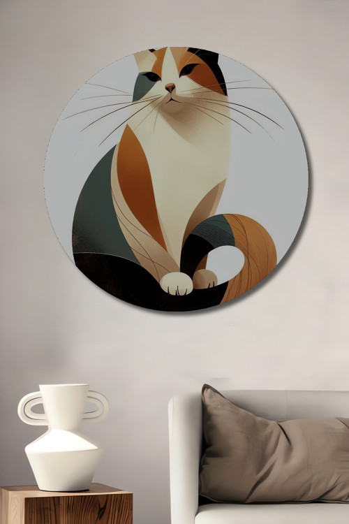 Renkli Minimalist Kedi Dekoratif Ahşap Mdf Yuvarlak Ev,İşyeri Duvar Tablo