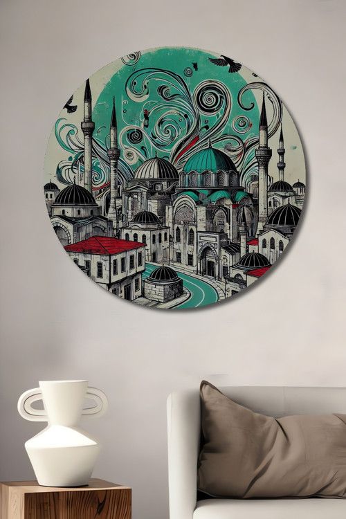 İstanbul Camii Modern Sanat Ahşap Mdf Dekoratif Yuvarlak Ev,İşyeri Duvar Tablo