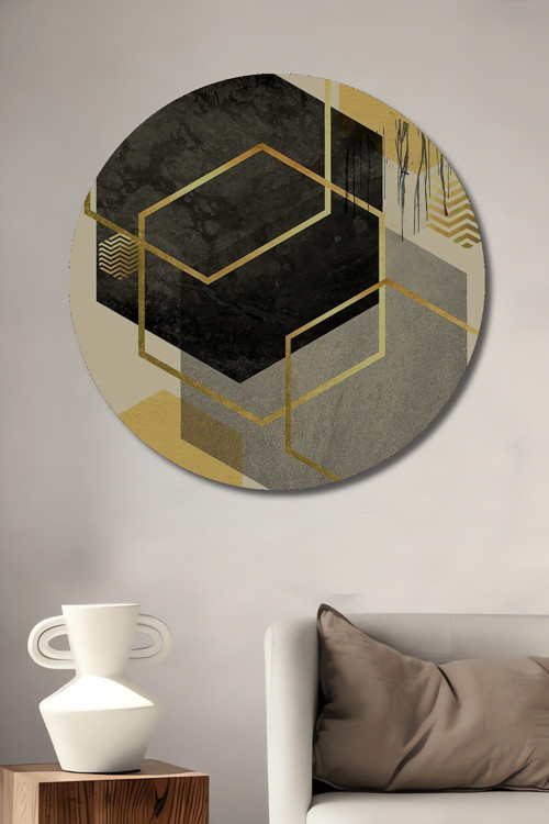 Altın Geometrik Modern Ahşap Mdf Dekoratif Yuvarlak Ev,İşyeri Duvar Tablo