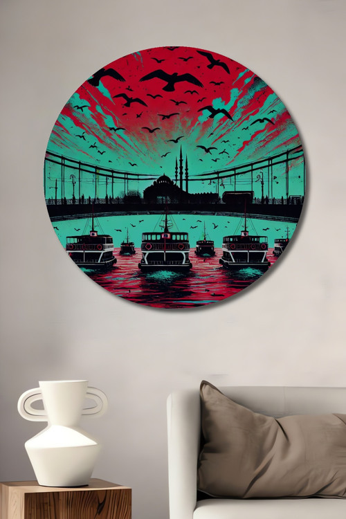 İstanbul Panoramik Modern Sanat Ahşap Mdf Dekoratif Yuvarlak Ev,İşyeri Duvar Tablo