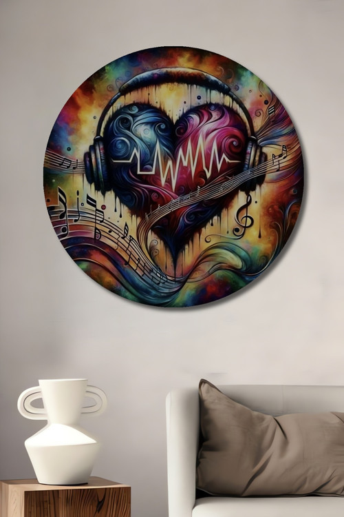 Müzikal Kalp Ritim Soyut Sanat Yağlı Boya Görünümlü Dekoratif Ahşap Mdf Yuvarlak Tablo