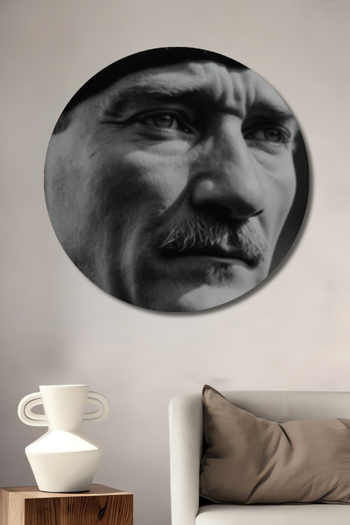 Atatürk Siyah Beyaz Ahşap Mdf Dekoratif Yuvarlak Ev,İşyeri Duvar Tablo