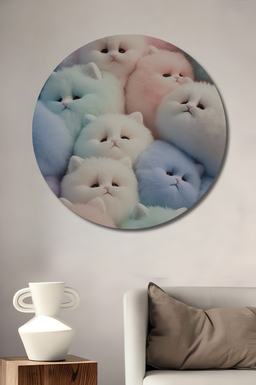 Pastel Renkli Tüylü Kedi Dekoratif Ahşap Mdf Yuvarlak Ev,İşyeri Duvar Tablo