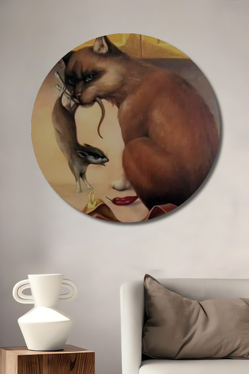 Kedi Portre Soyut Sanat Dekoratif Ahşap Mdf Yuvarlak Ev,İşyeri Duvar Tablo