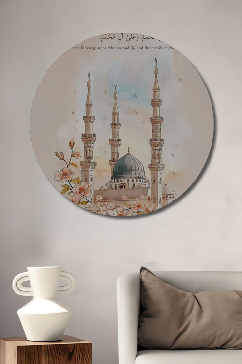 Medine Mescidi Çiçek Motifli Yağlı Boya Görünümlü Dekoratif Ahşap Yuvarlak Ev,İşyeri Duvar Tablo