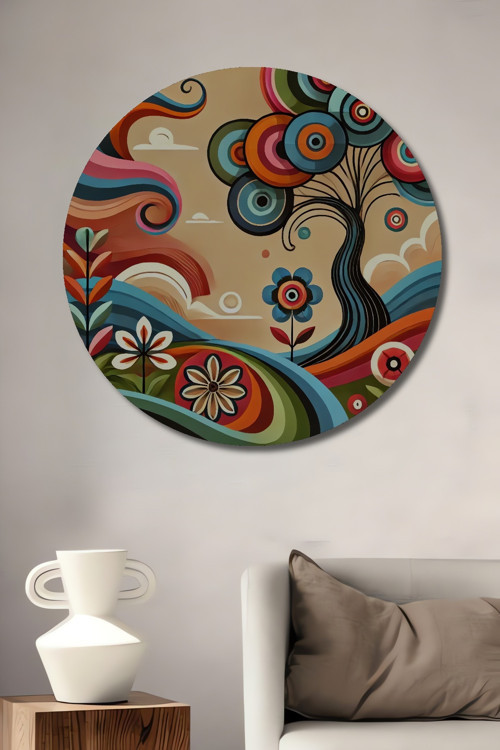 Renkli Çiçekler Soyut Sanat Ahşap Mdf Dekoratif Yuvarlak Ev,İşyeri Duvar Tablo