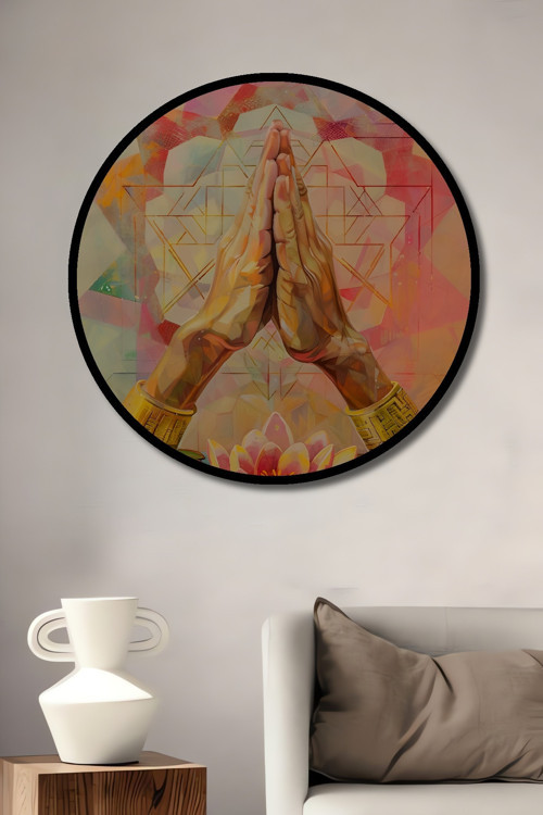 Çerçeve Görünümlü Lotus Çiçeği Ve Dua Eden Eller Ahşap Mdf Dekoratif Tablo Yuvarlak Tablo