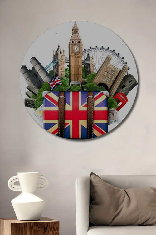Londra Temalı Modern Ahşap Mdf Dekoratif Yuvarlak Ev,İşyeri Duvar Tablo
