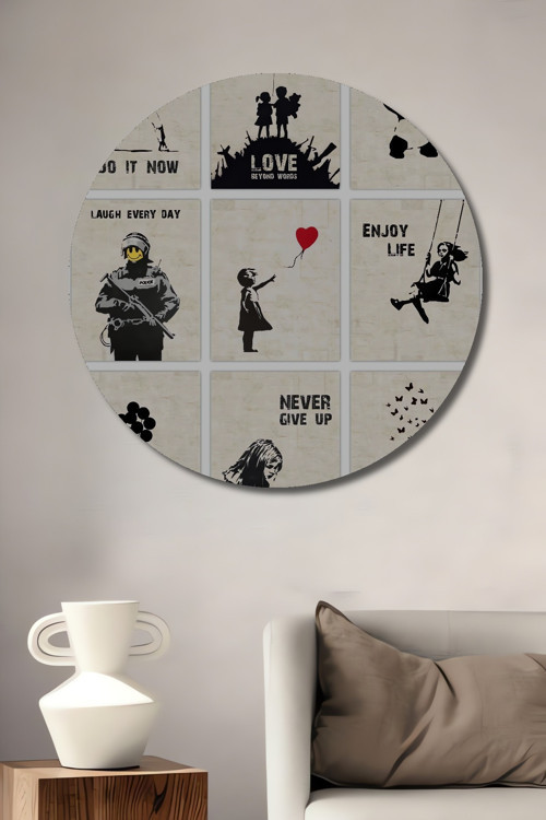 Banksy Tarzı Sloganlar Ahşap Mdf Dekoratif Yuvarlak Ev,İşyeri Duvar Tablo