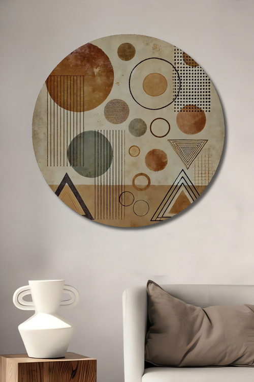 Geometrik Desenler Kahverengi Dekoratif Ahşap Mdf Yuvarlak Ev,İşyeri Duvar Tablo