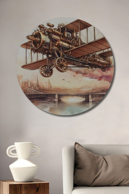 Steampunk Uçak Yağlı Boya Görünümlü Dekoratif Ahşap Yuvarlak Ev,İşyeri Duvar Tablo
