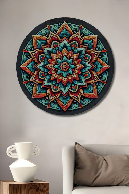 Mandala Sanat Renkli Dekoratif Ahşap Mdf Yuvarlak Ev,İşyeri Duvar Tablo
