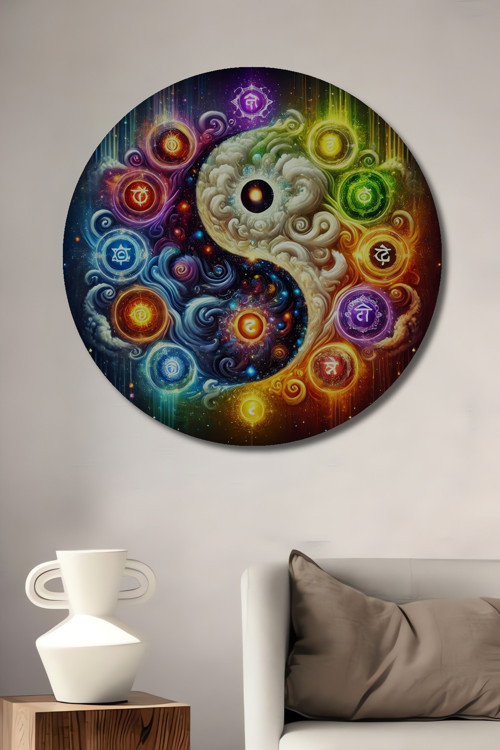 Ying Yang Çakra Soyut Sanat Yağlı Boya Görünümlü Dekoratif Ahşap Yuvarlak Ev,İşyeri Duvar Tablo