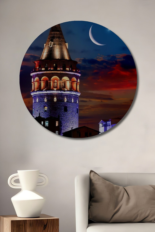 Galata Kulesi Gece Manzarası Dekoratif Ahşap Mdf Yuvarlak Ev,İş Yeri Duvar Tablo