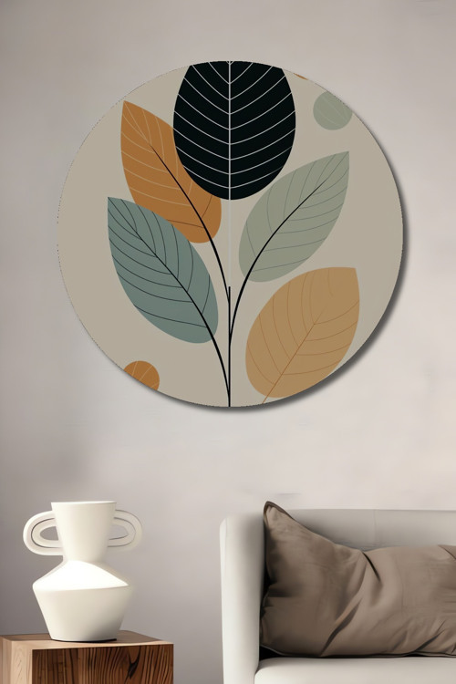 Minimalist Bitki Deseni Dekoratif Ahşap Mdf Yuvarlak Ev,İşyeri Duvar Tablo