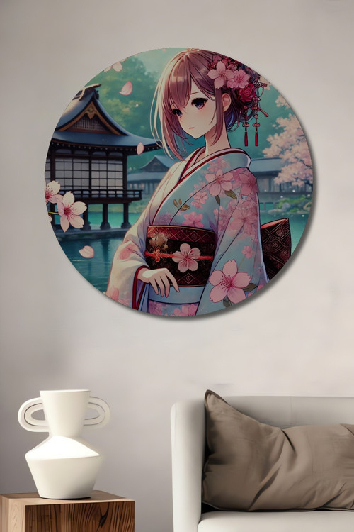 Huzurlu Japon Bahçesi Dekoratif Ahşap Mdf Yuvarlak Ev,İşyeri Duvar Tablo