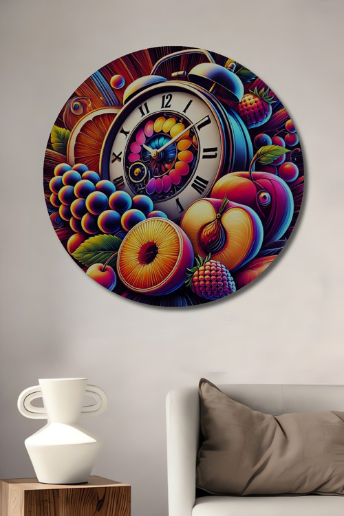 Renkli Meyve Saat Modern Sanat Ahşap Mdf Dekoratif Yuvarlak Ev,İşyeri Duvar Tablo