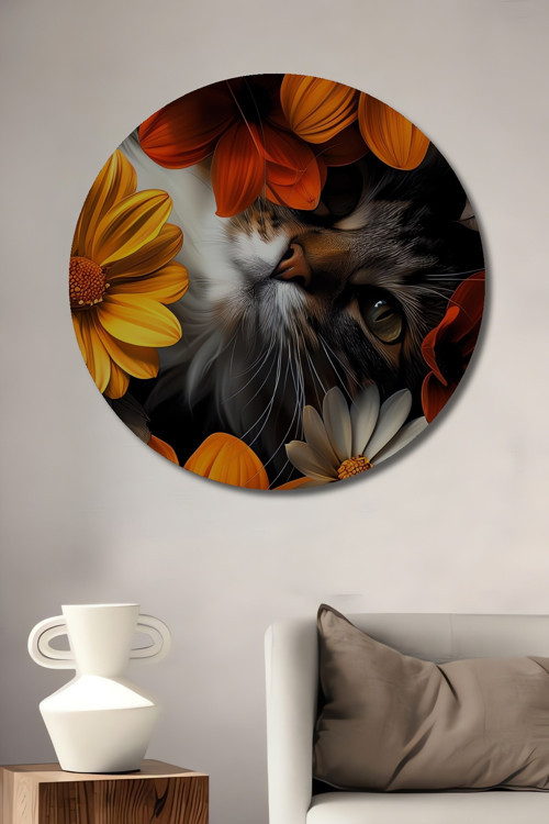 Kedi Çiçek Bahçesi Dekoratif Ahşap Mdf Yuvarlak Ev,İşyeri Duvar Tablo