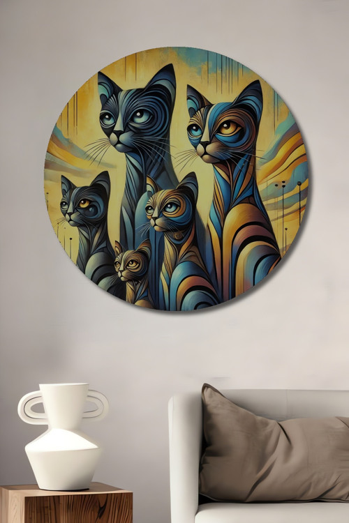 Sanatsal Modern Kedi Ailesi Dekoratif Ahşap Mdf Yuvarlak Ev,İşyeri Duvar Tablo