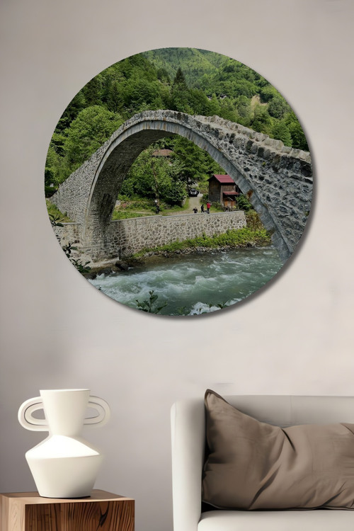 Karadeniz Yayla Köprüsü Manzarası Dekoratif Ahşap Mdf Yuvarlak Ev,İşyeri Duvar Tablo