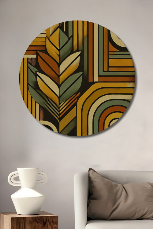Retro Geometrik Desenli Ahşap Mdf Dekoratif Yuvarlak Ev,İşyeri Duvar Tablo